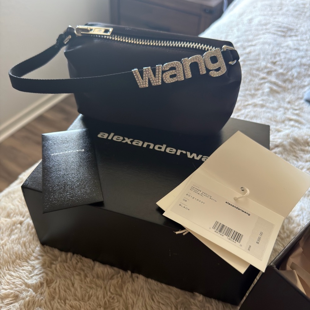 NEW & Authentic! Alexander Wang Black Wristlet Pouch with Rhinestone Charm